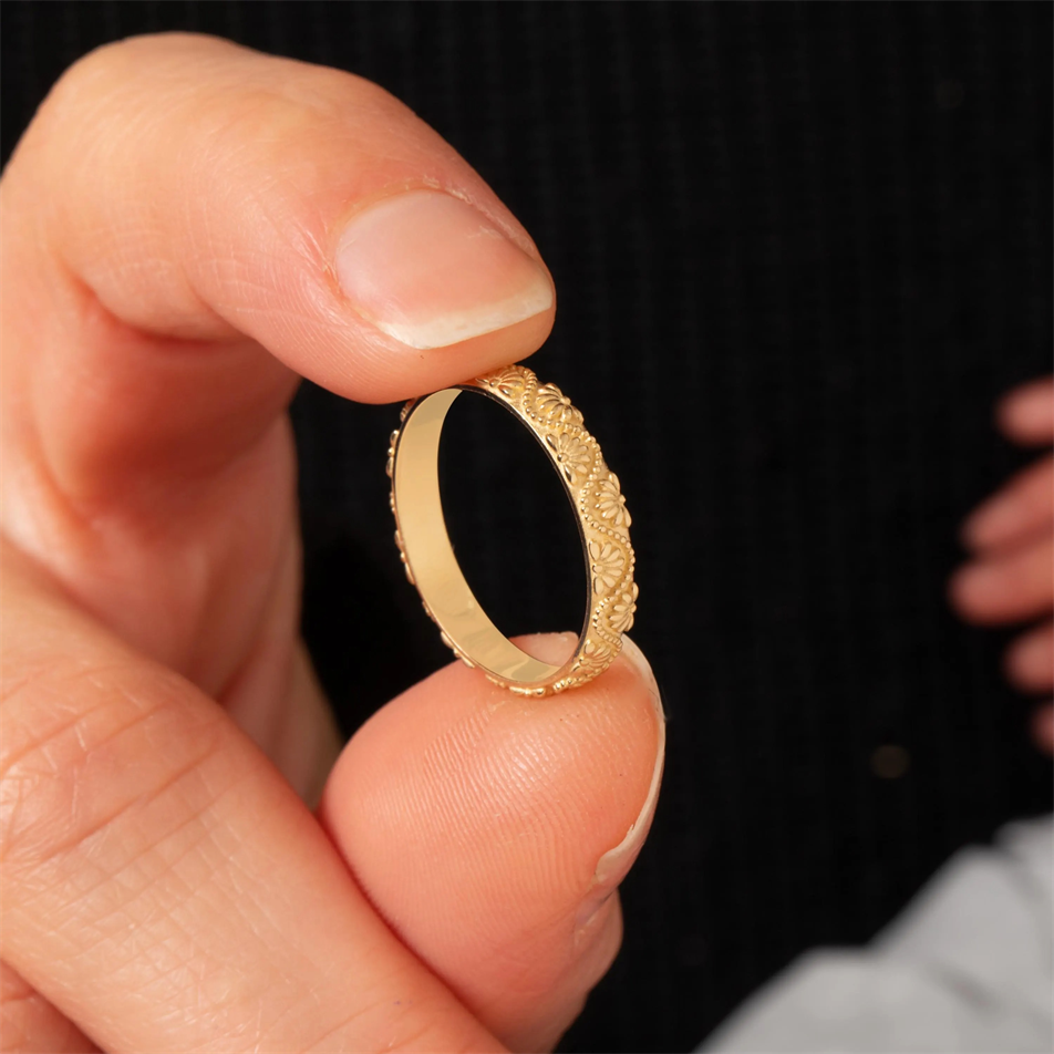 Gold Floral Engraved Wedding Band