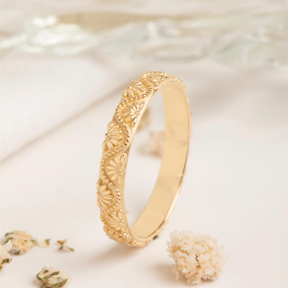 Gold Floral Engraved Wedding Band