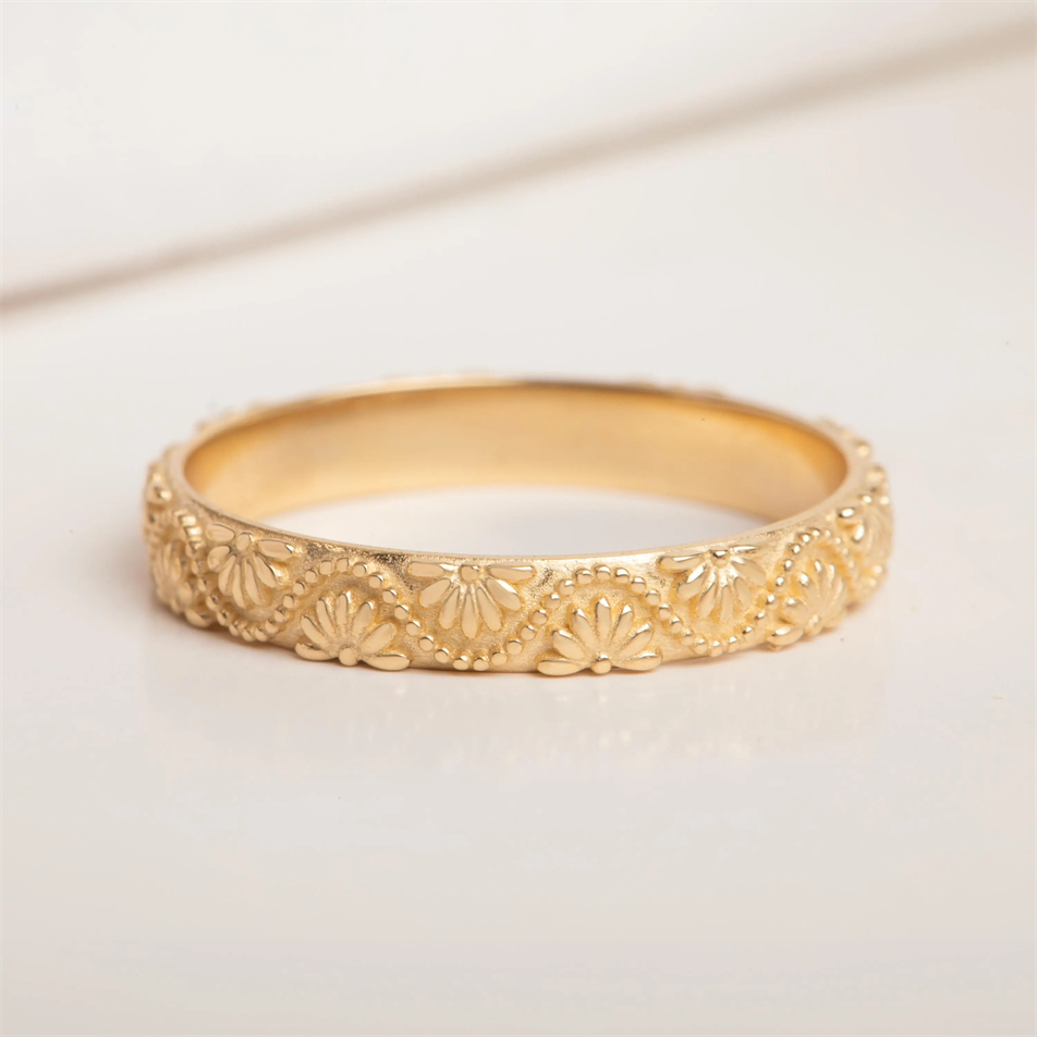 Gold Floral Engraved Wedding Band