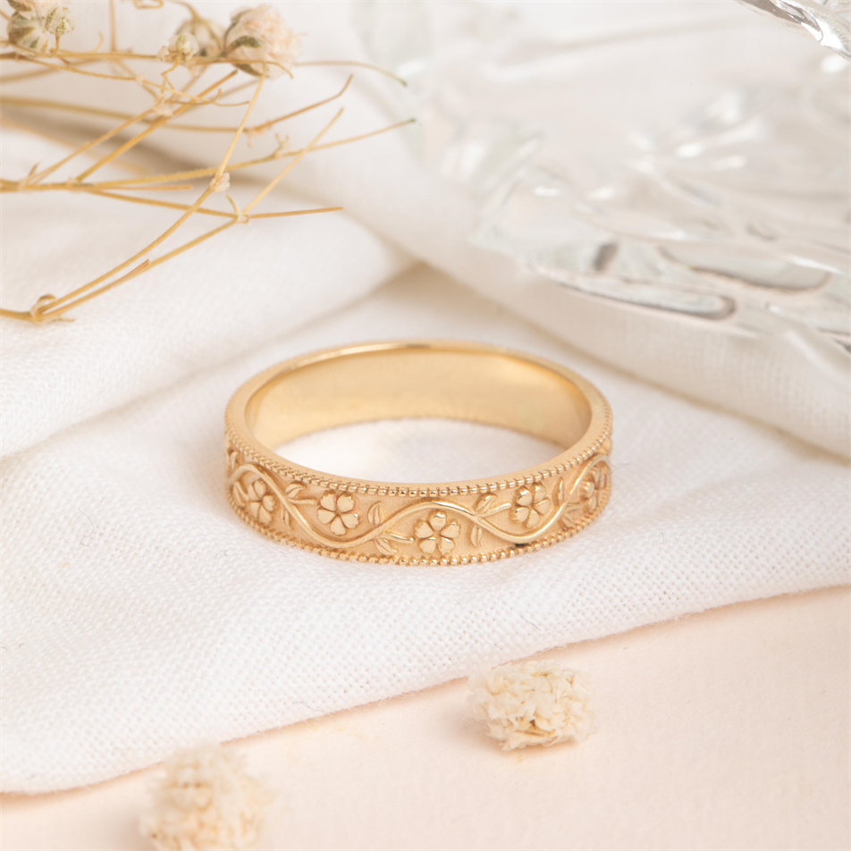 Gold Floral Vine Milgrain Band