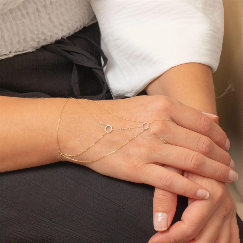 Gold Pavé Circle Hand Chain Bracelet