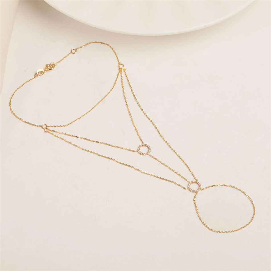 Gold Pavé Circle Hand Chain Bracelet