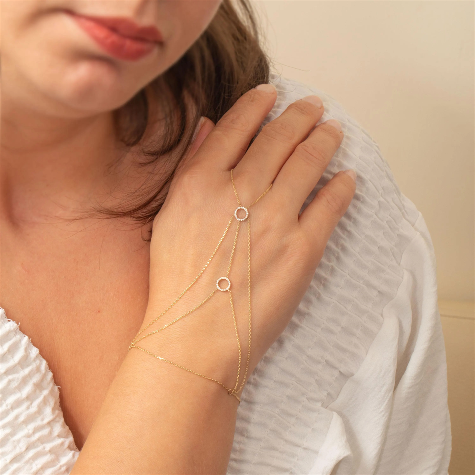 Gold Pavé Circle Hand Chain Bracelet