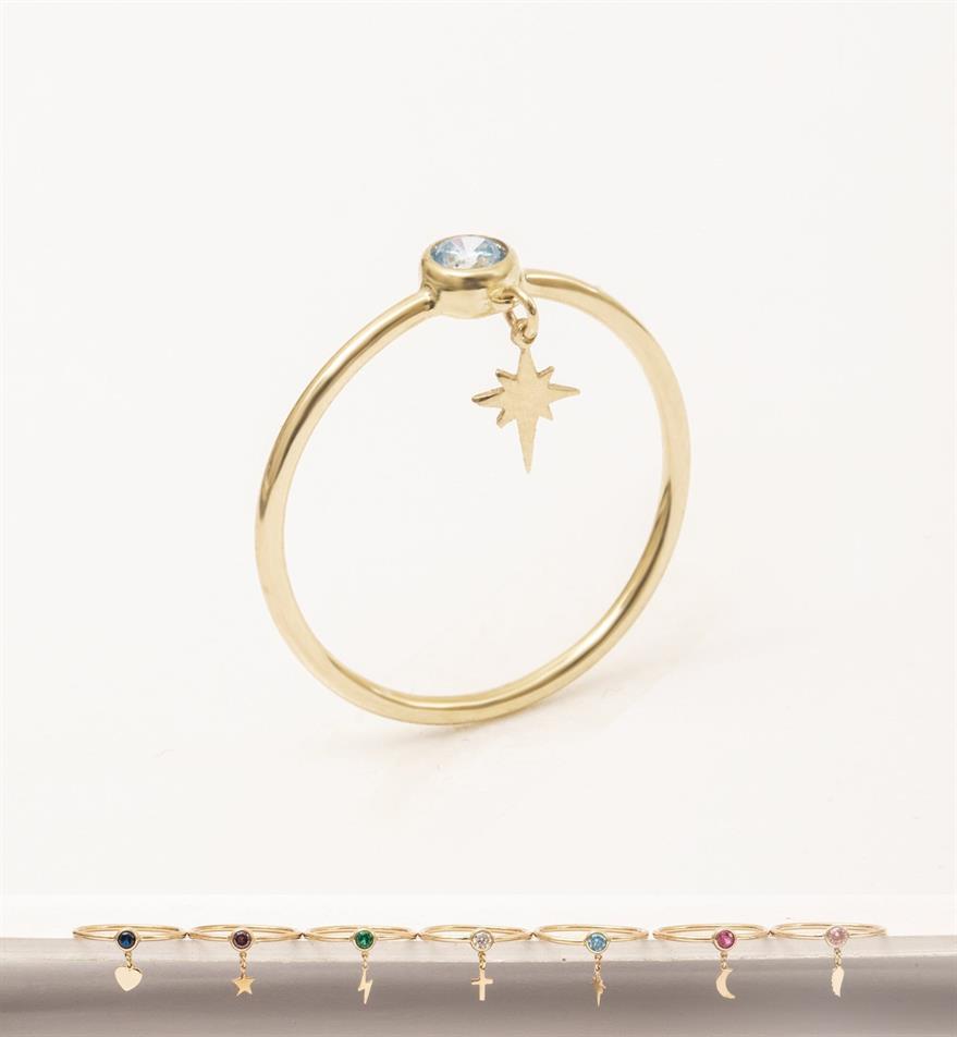 Gold Tiny Dangle Charm Birthstone Ring