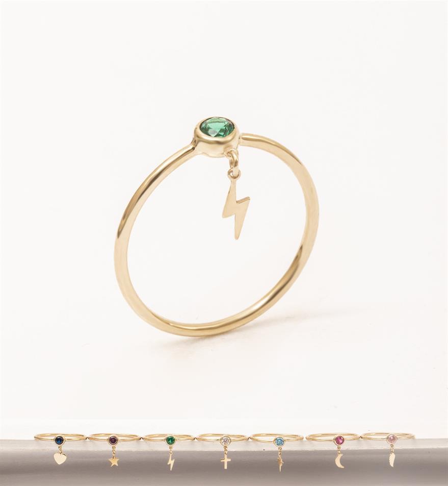 Gold Tiny Dangle Charm Birthstone Ring