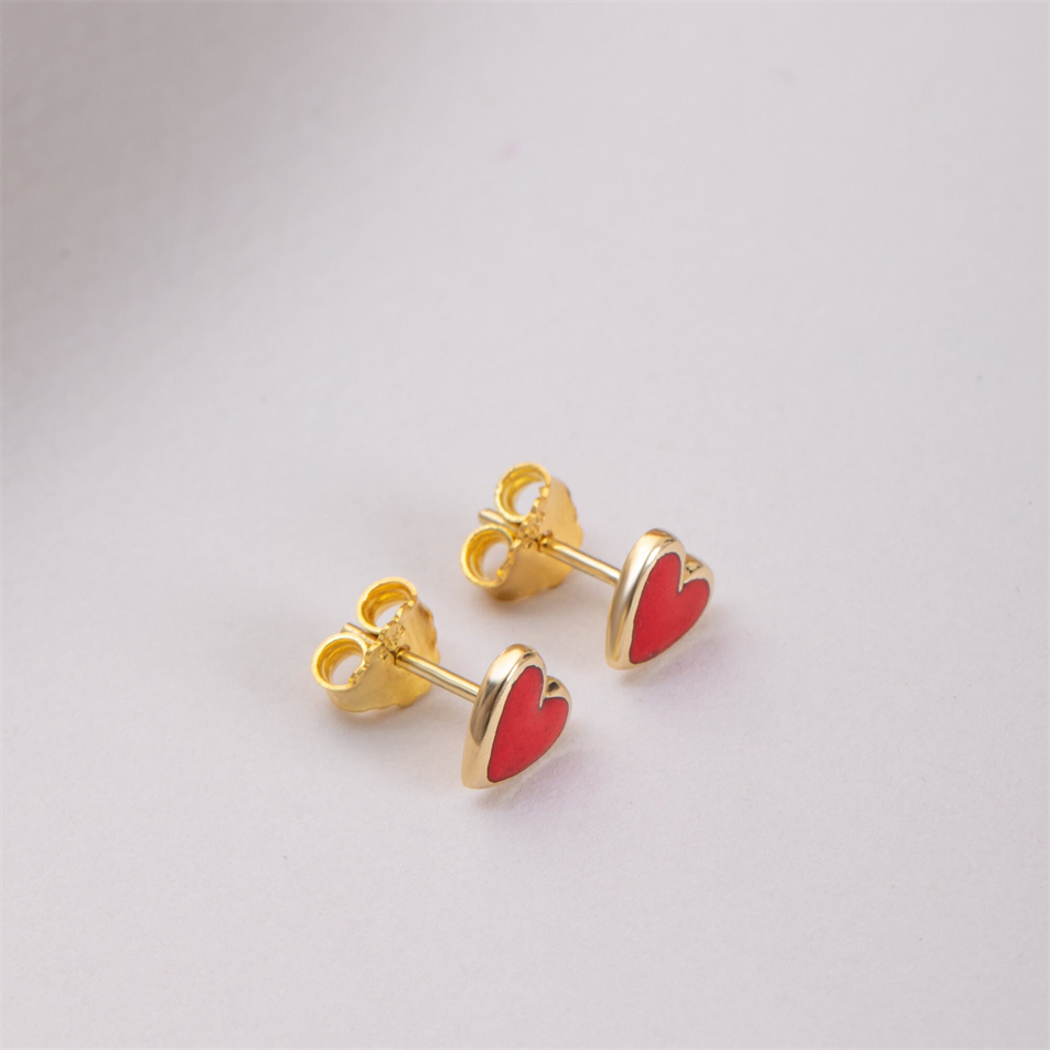 Gold Enamel Heart Stud Earrings