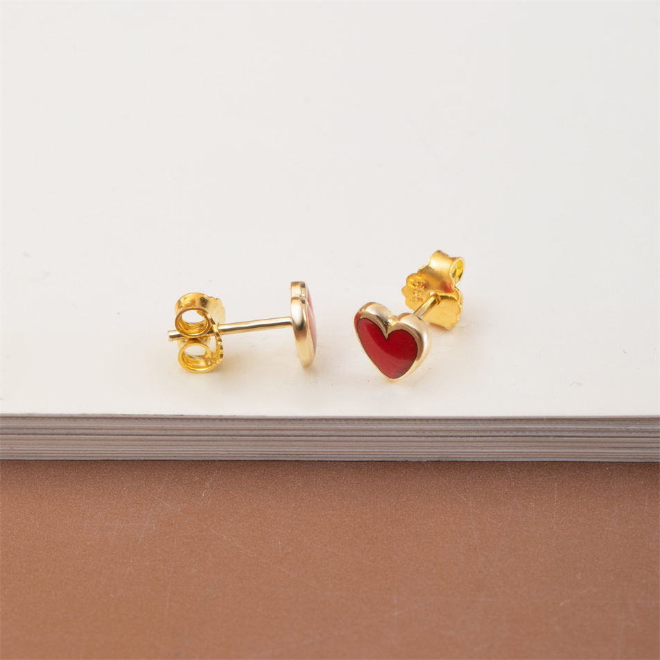 Gold Enamel Heart Stud Earrings