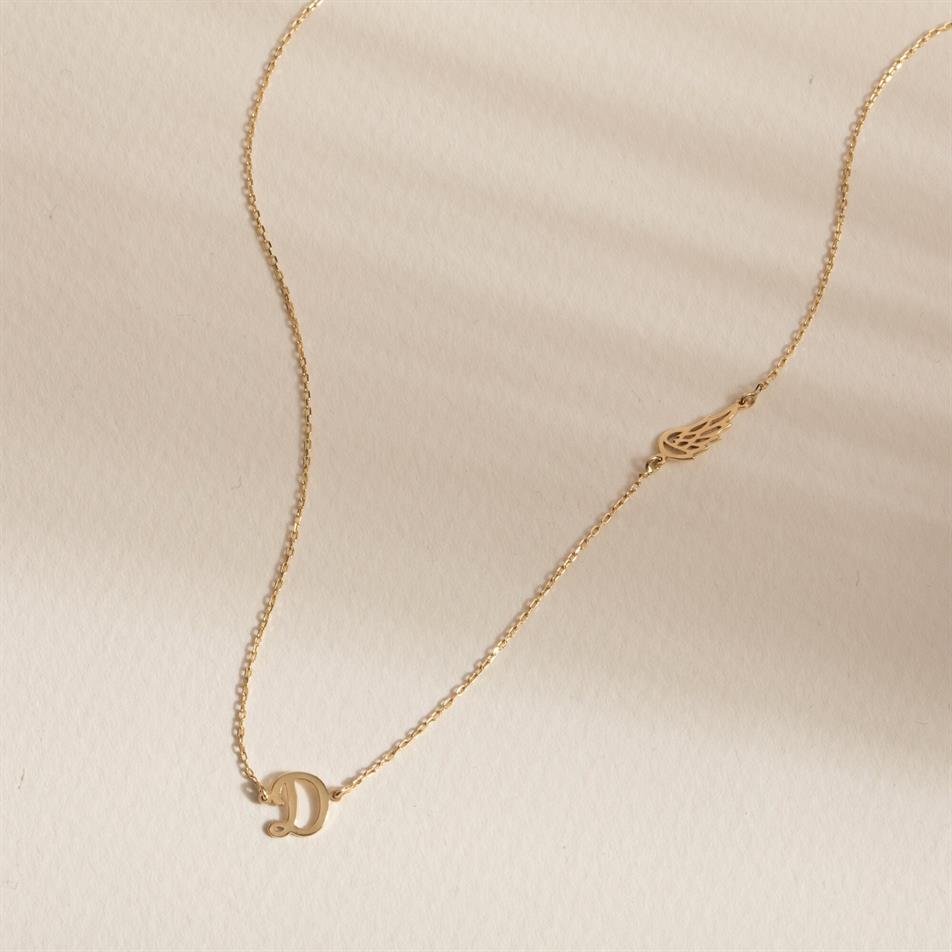 Gold Letter and Wing Necklace