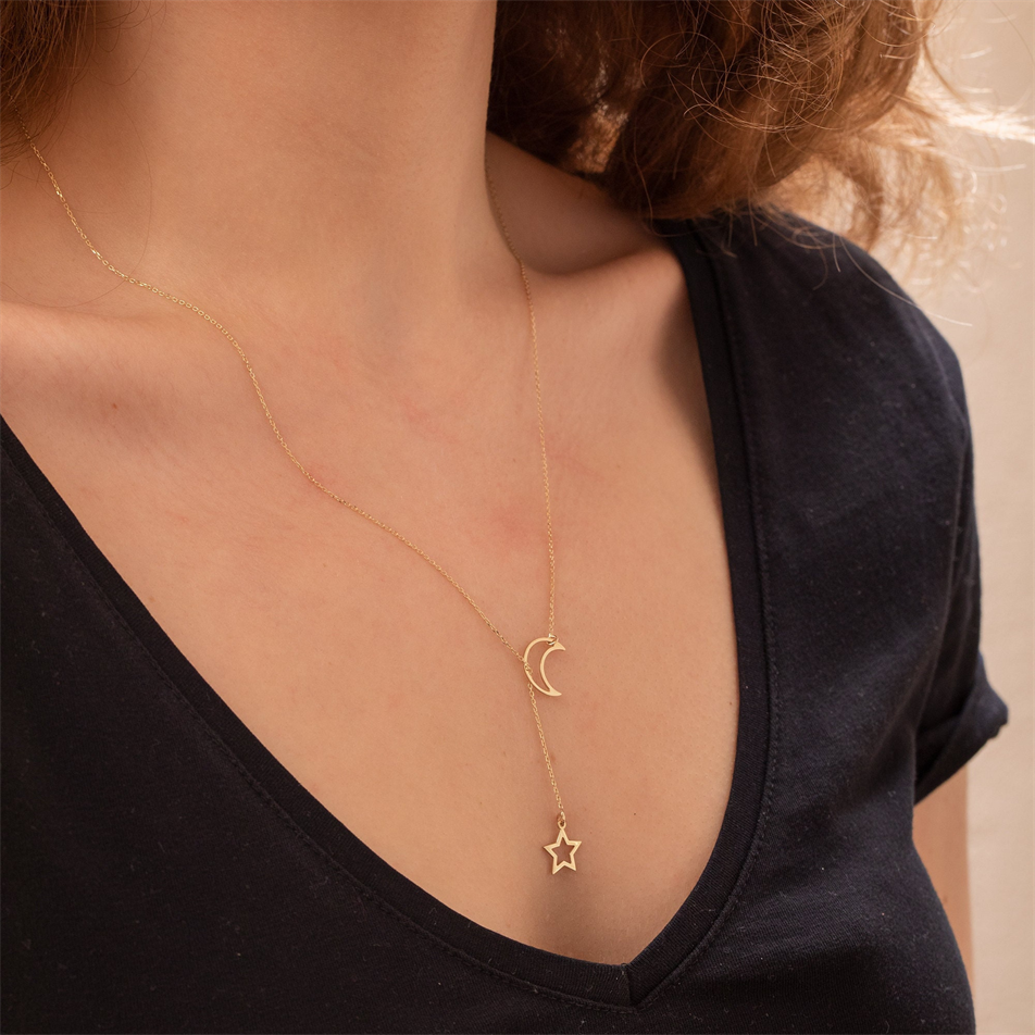 Gold Crescent Moon And Star Lariat Necklace