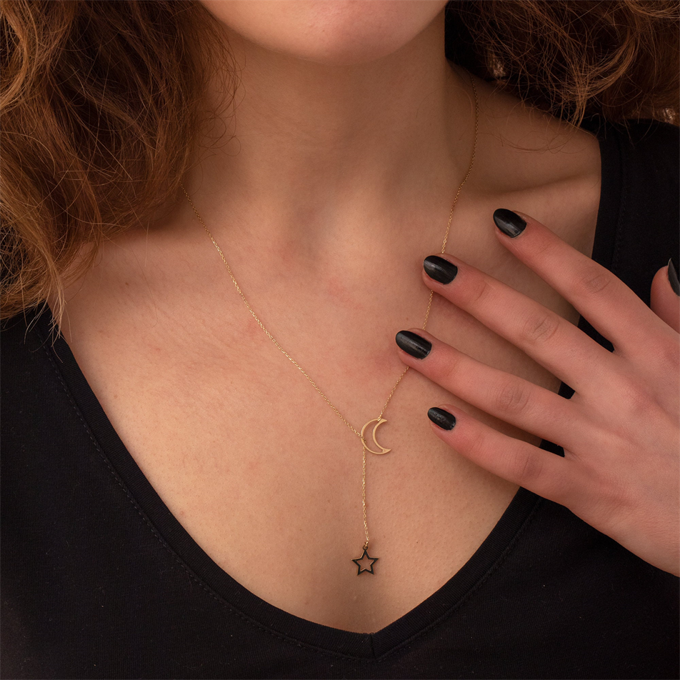 Gold Crescent Moon And Star Lariat Necklace