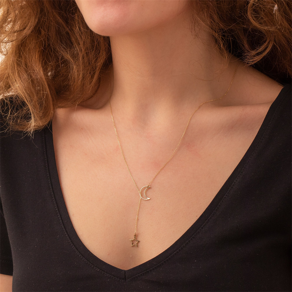 Gold Crescent Moon And Star Lariat Necklace