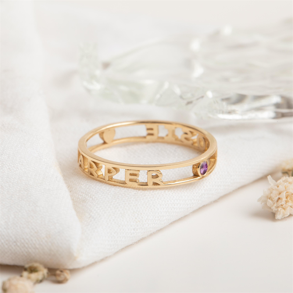 Gold Custom Name Birthstone Ring