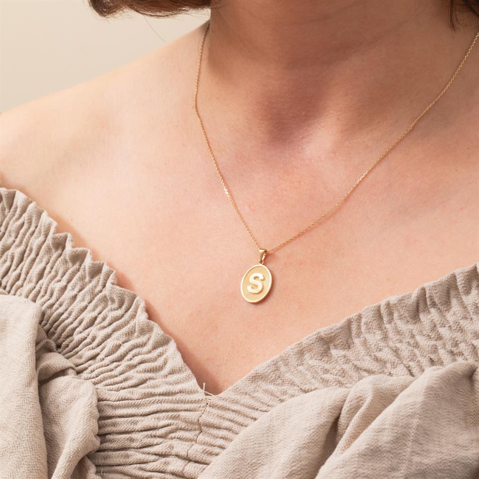 Solid Gold Embossed Initial Necklace