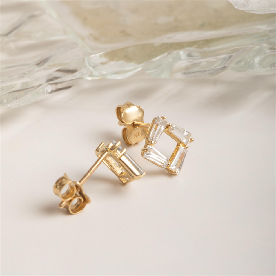Gold Baguette CZ Square Stud Earrings