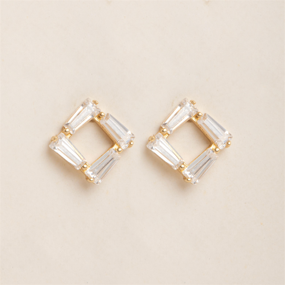 Gold Baguette CZ Square Stud Earrings
