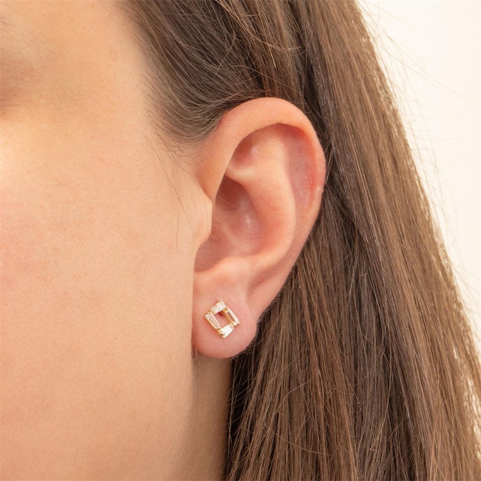 Gold Baguette CZ Square Stud Earrings