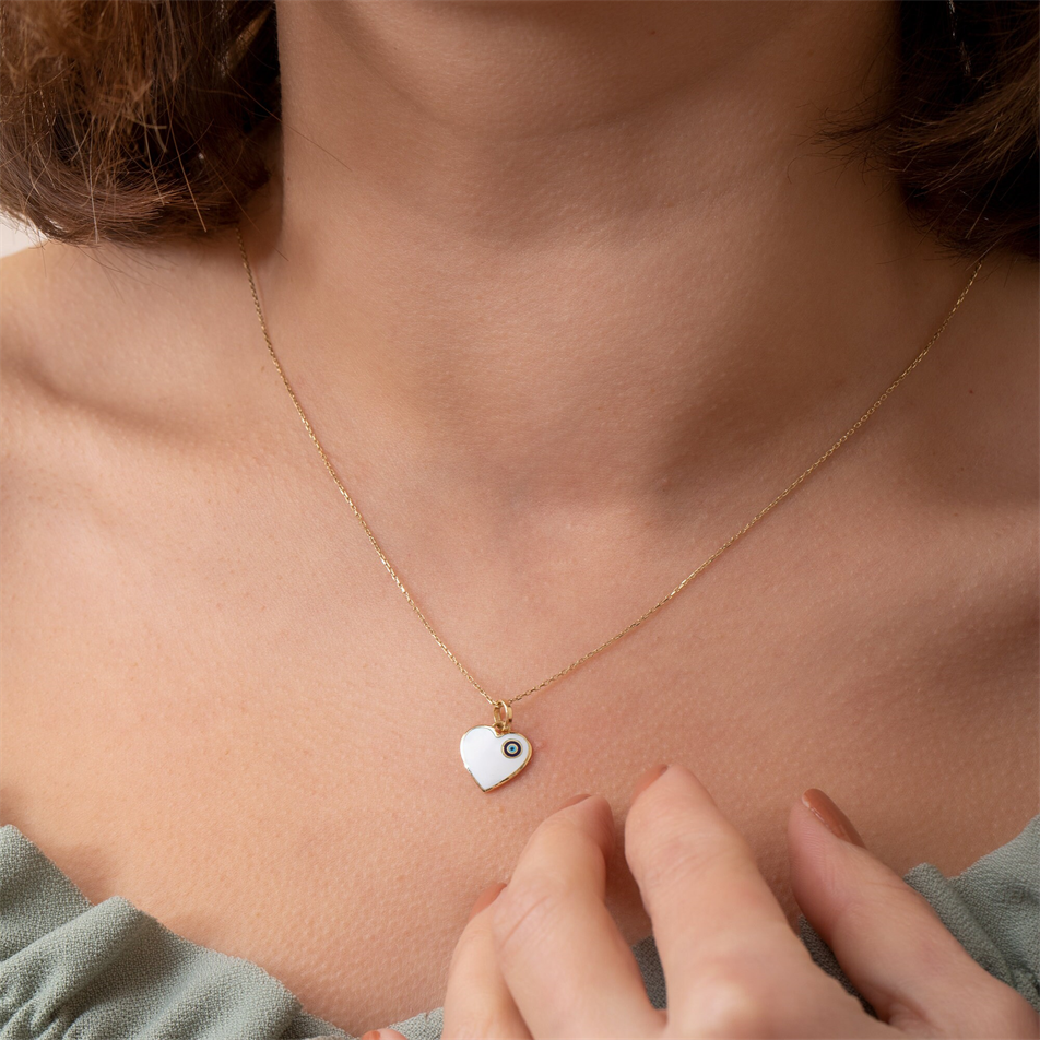 Altın Nazar Boncuklu Mineli Kalp Kolye