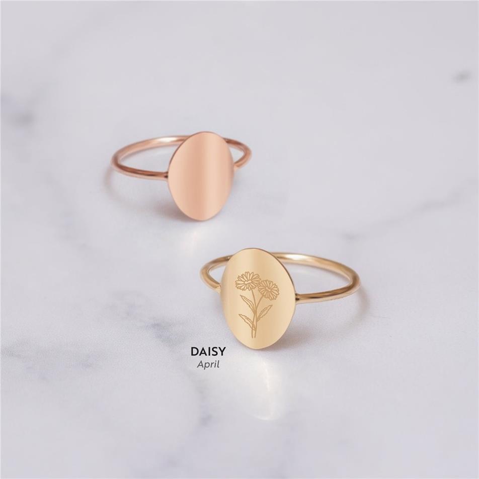 Solid Gold Birth Flower Oval Ring