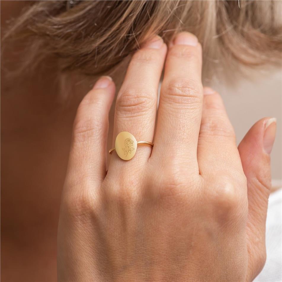 Solid Gold Birth Flower Oval Ring