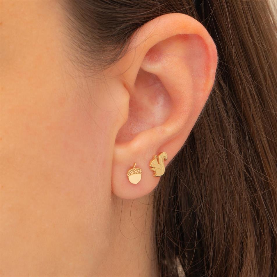 Gold Acorn And Squirrel Stud Earrings