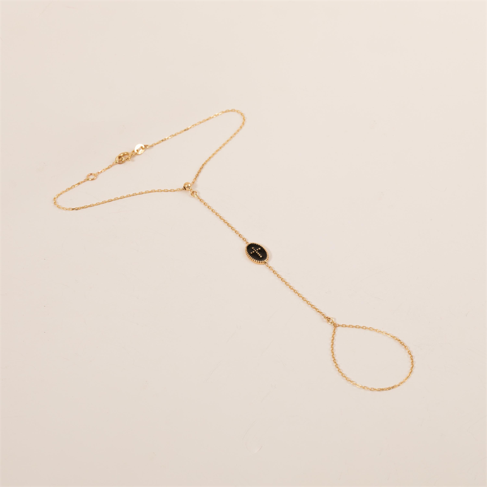 Gold Black Enamel Cross Hand Chain Bracelet