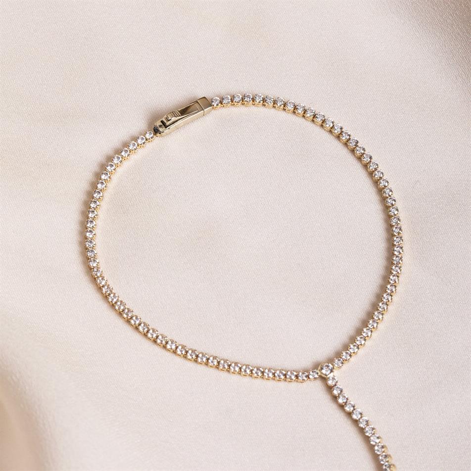 Gold CZ Tennis Hand Chain Bracelet
