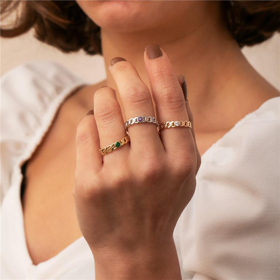 Solid Gold Birthstone Cuban Curb Ring