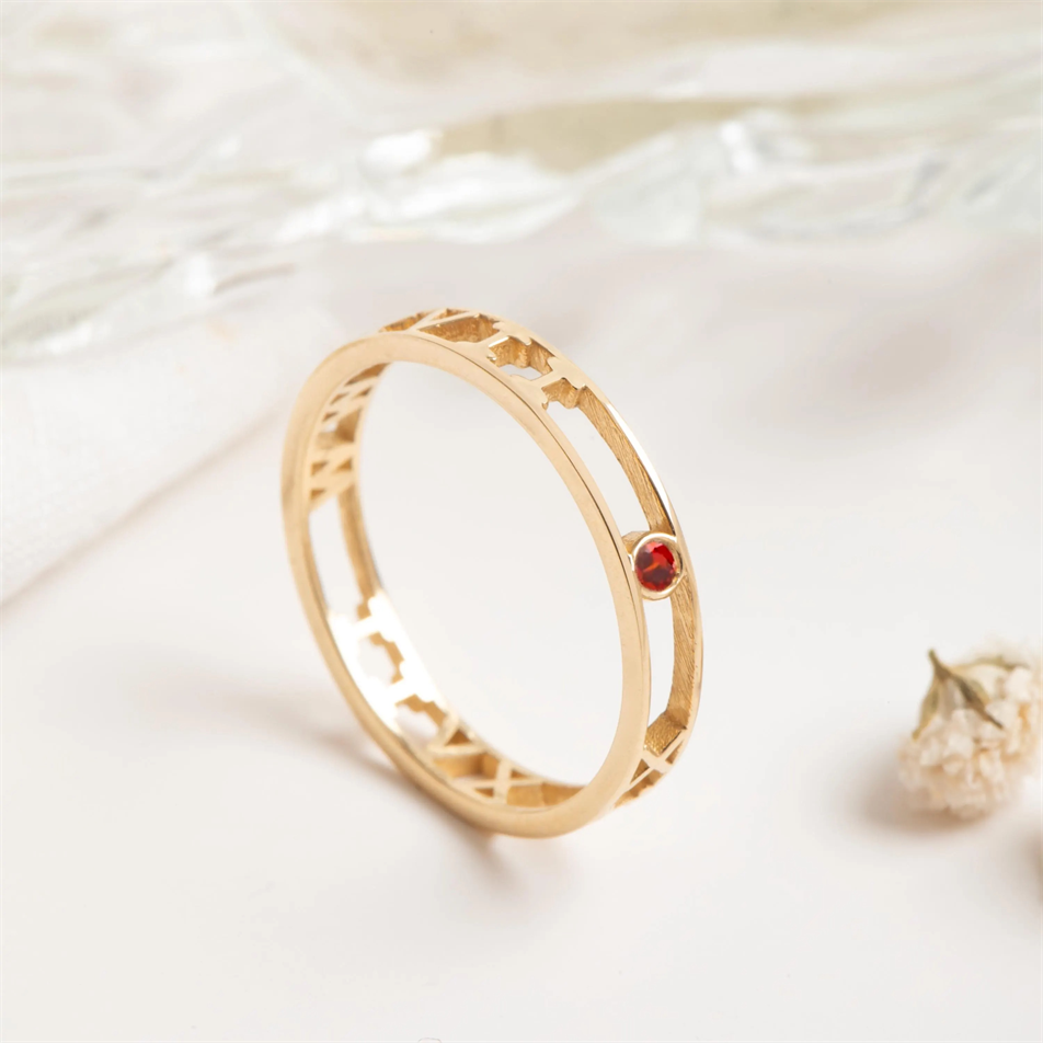 Gold Roman Numeral Birthstone Ring