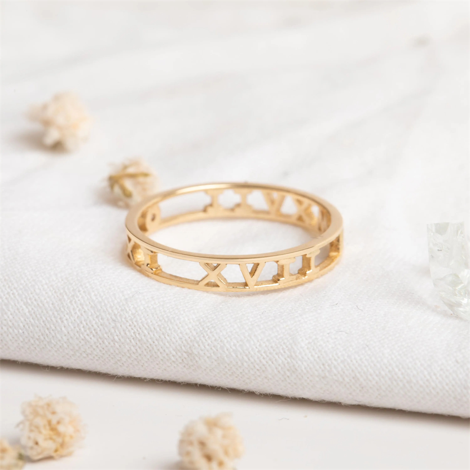Gold Roman Numeral Birthstone Ring