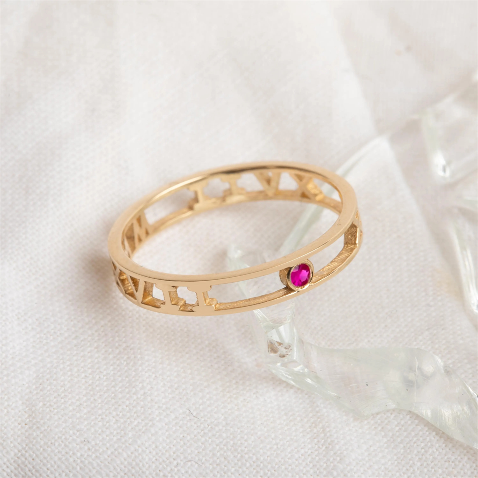 Gold Roman Numeral Birthstone Ring