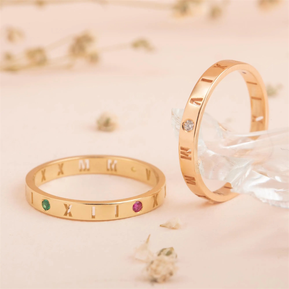 Gold Roman Numeral Birthstone Ring