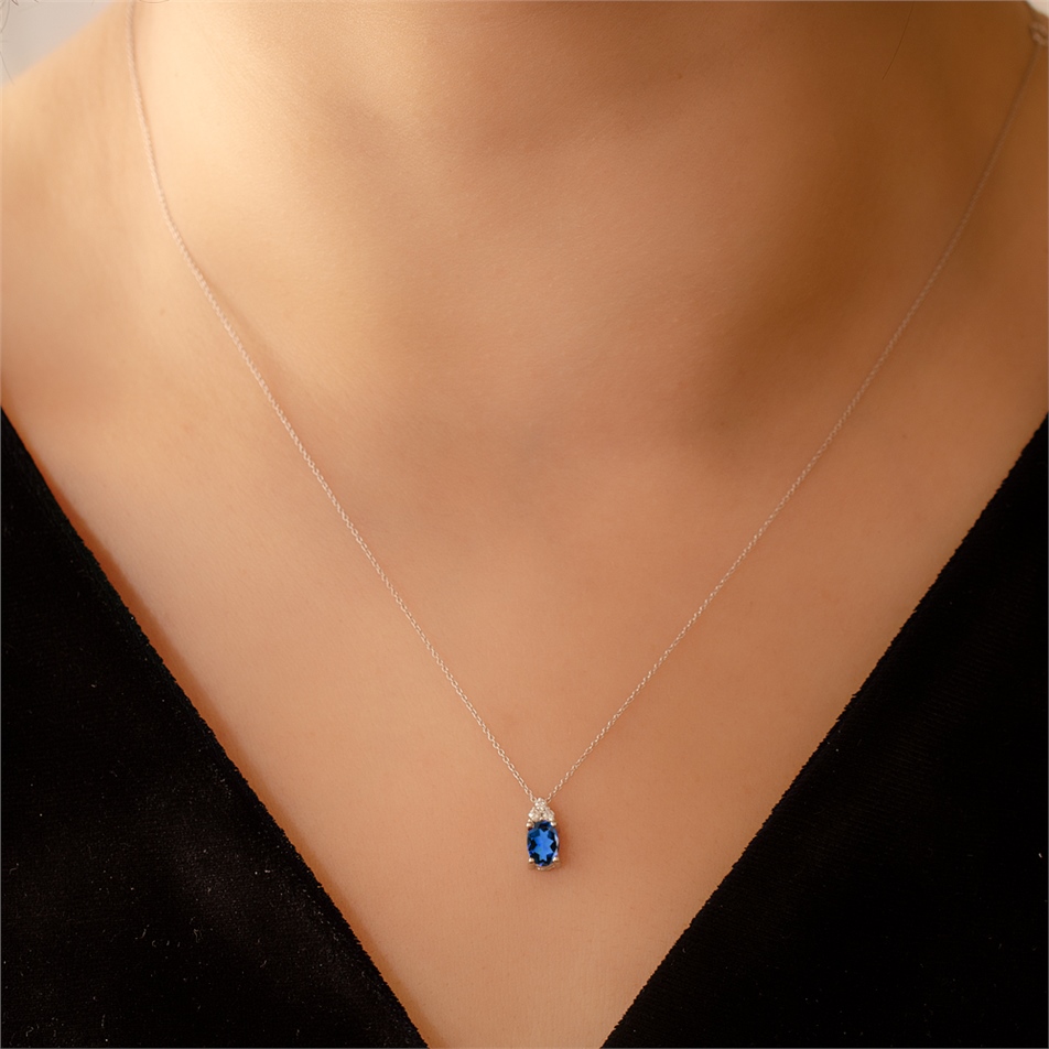Solid Gold 0.05 ct. Diamond Sapphire Necklace