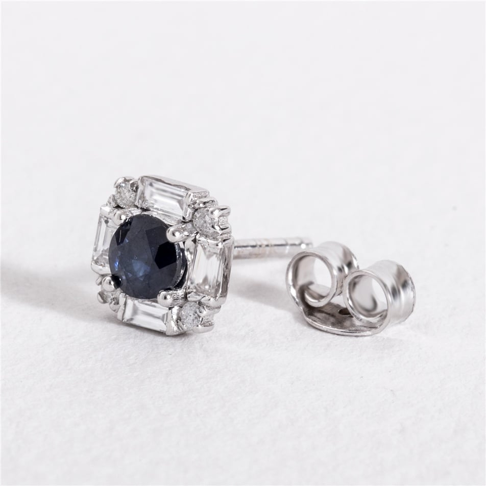 Solid Gold 0.28 ct. Diamond Sapphire Baguette Earring