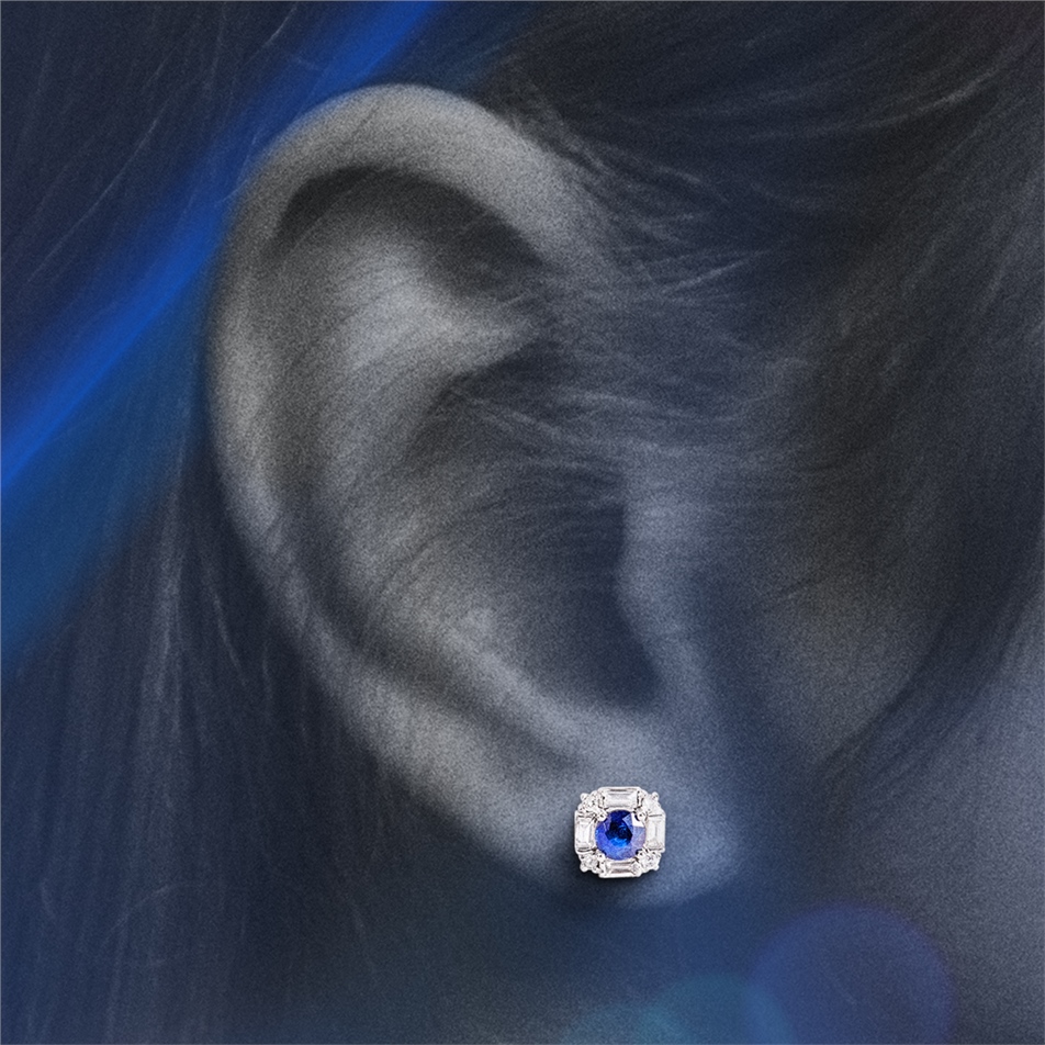 Solid Gold 0.28 ct. Diamond Sapphire Baguette Earring