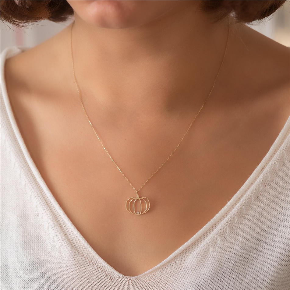 Solid Gold Diamond Pumpkin Necklace