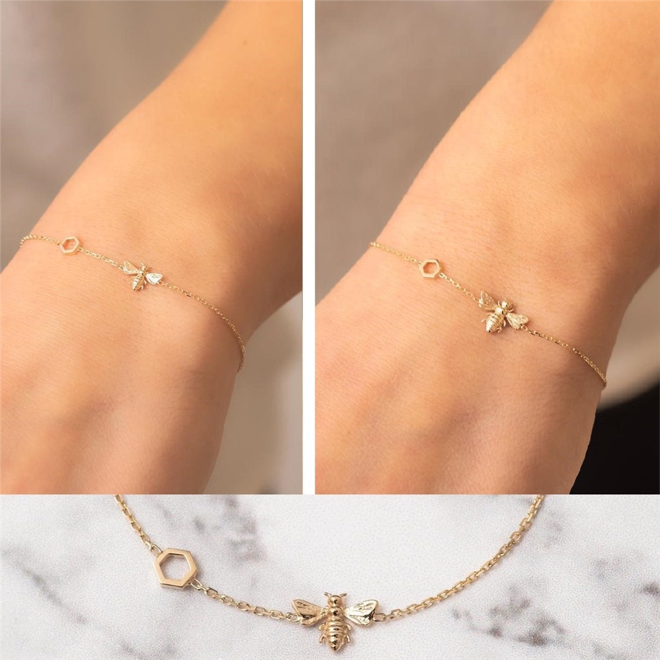 Solid Gold Bee Bracelet With Single Honeycomb