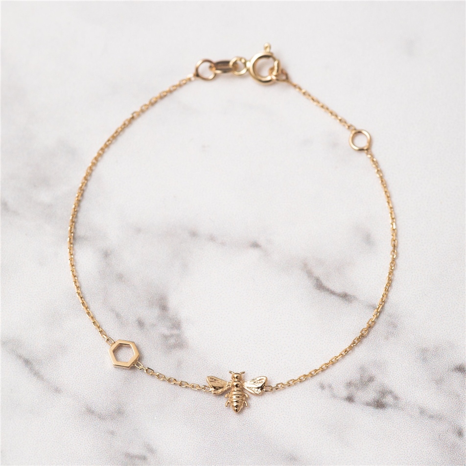 Solid Gold Bee Bracelet With Single Honeycomb