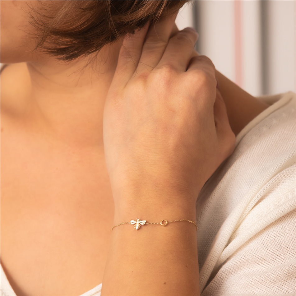 Solid Gold Bee Bracelet With Single Honeycomb