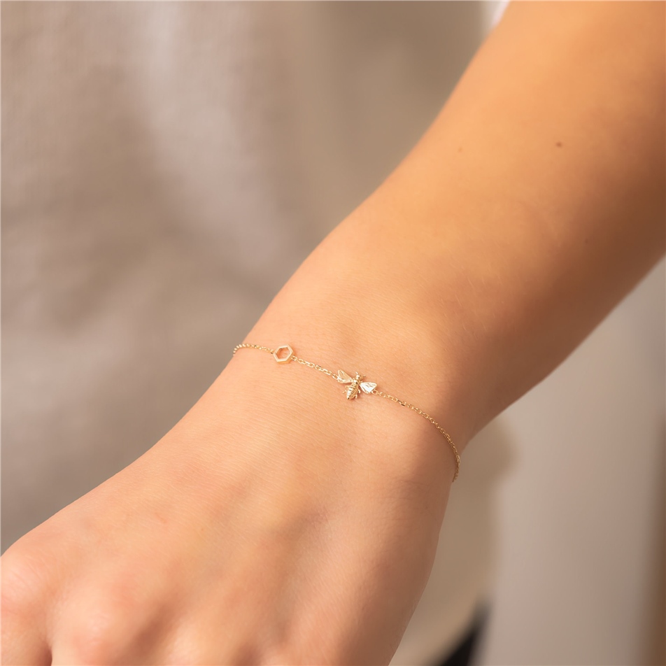 Solid Gold Bee Bracelet With Single Honeycomb