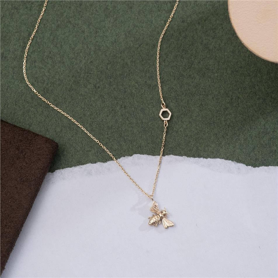 Solid Gold Bee and Honeycomb Necklace