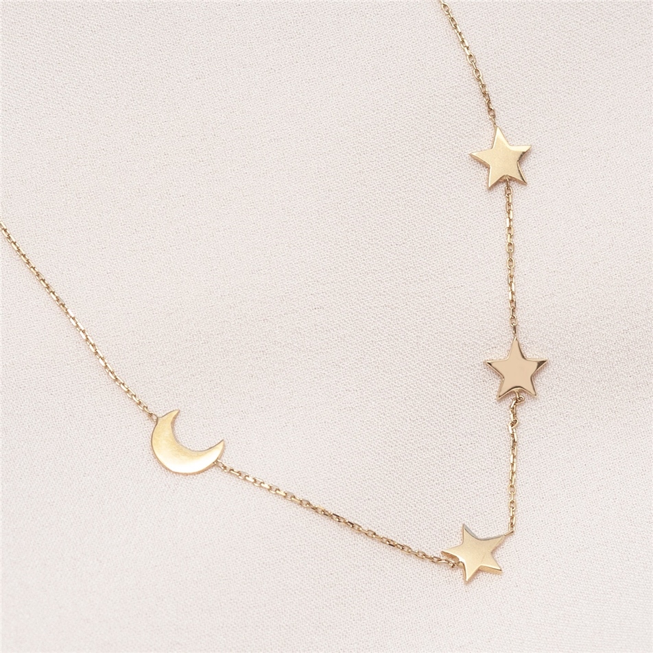 Solid Gold Moon and Star Necklace