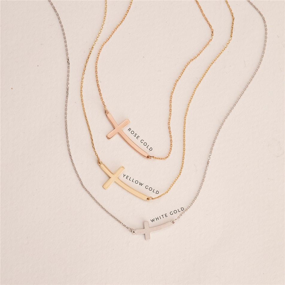  Solid Gold Curved Sideways Cross Necklace