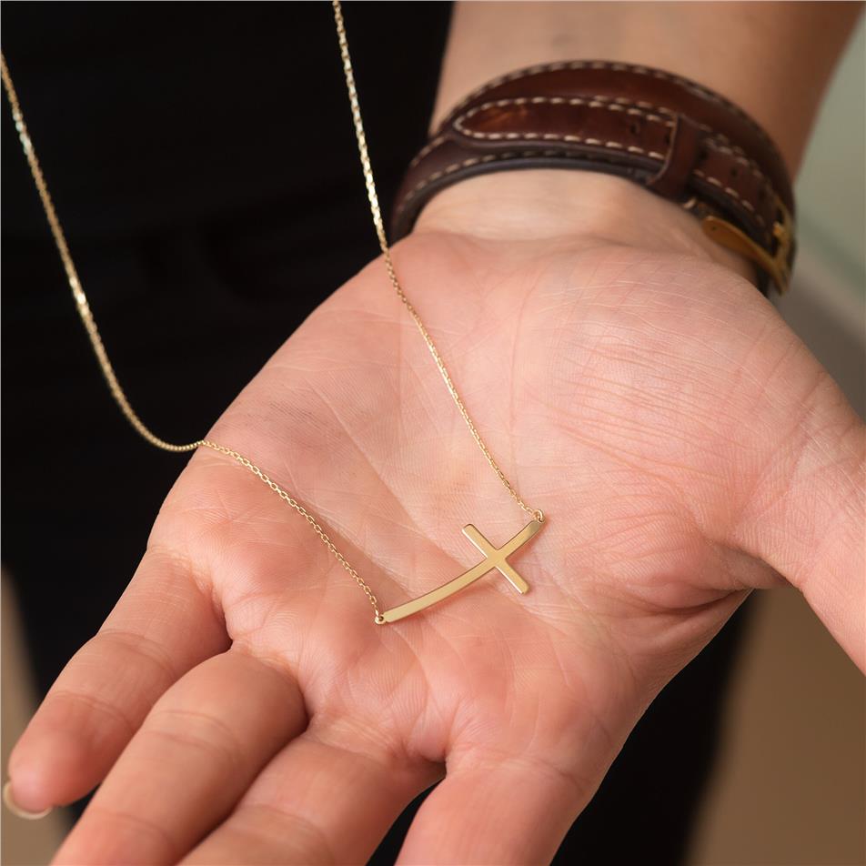  Solid Gold Curved Sideways Cross Necklace