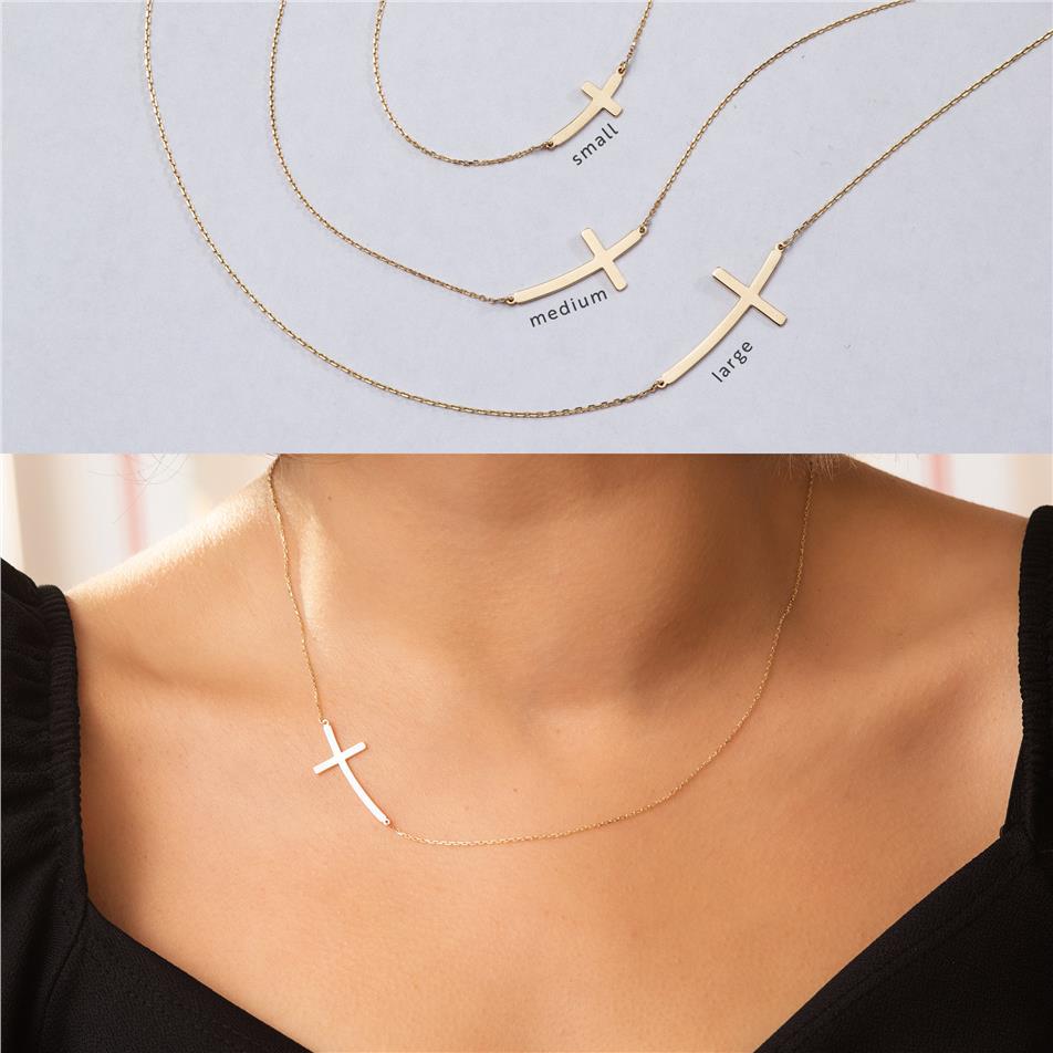  Solid Gold Curved Sideways Cross Necklace