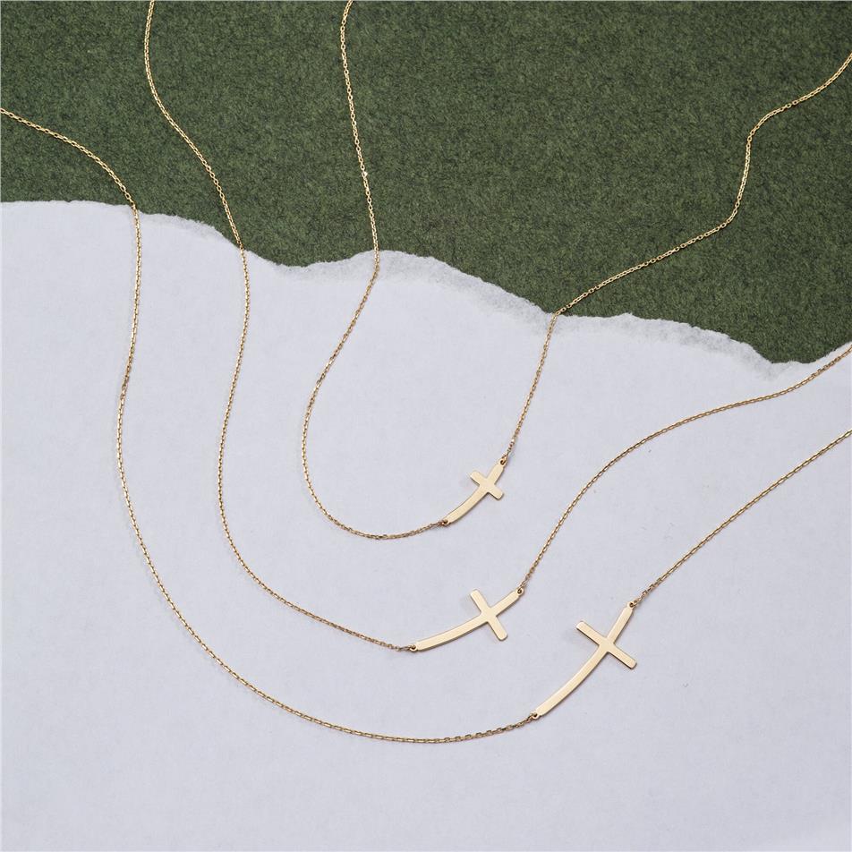  Solid Gold Curved Sideways Cross Necklace