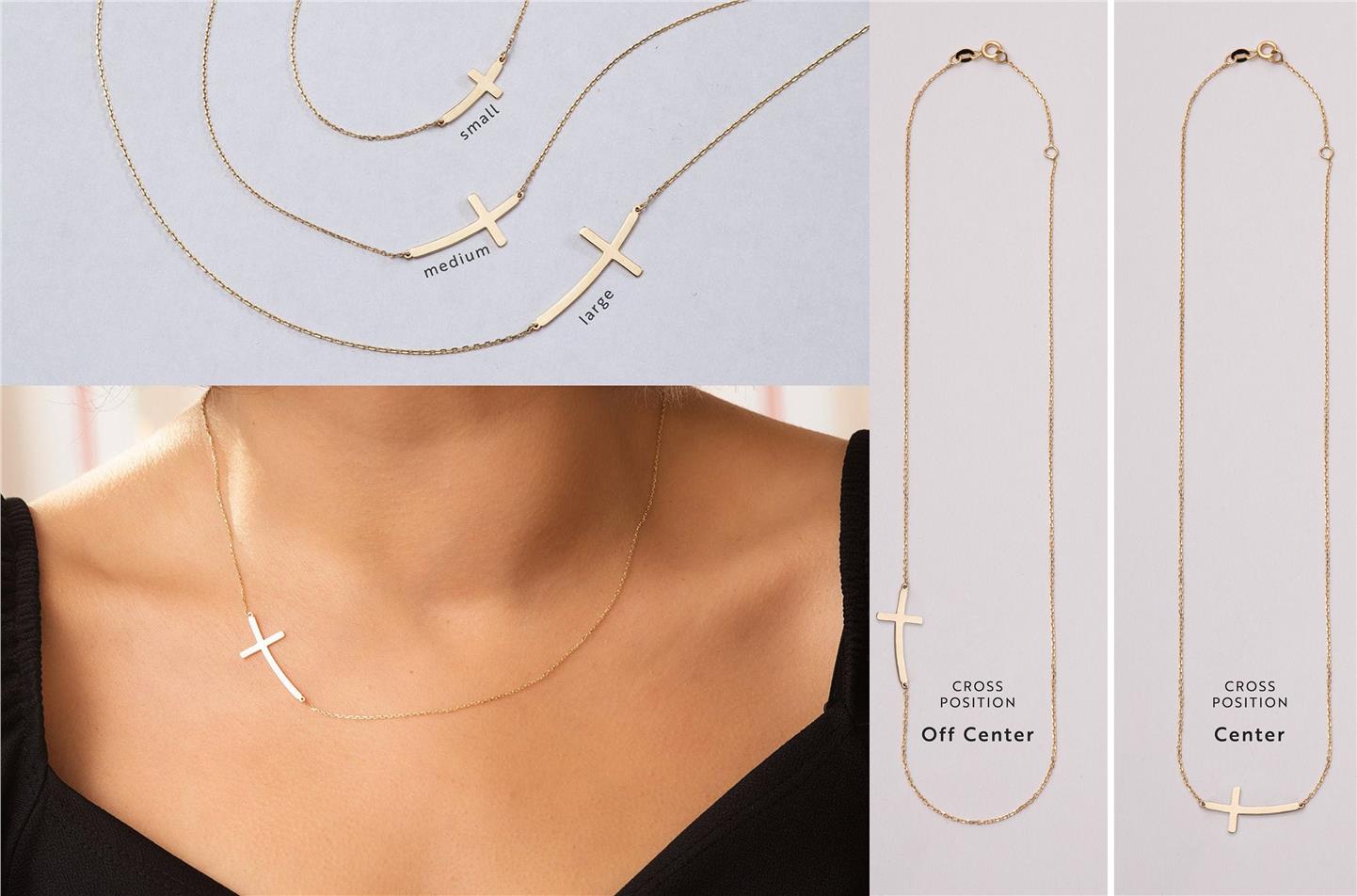  Solid Gold Curved Sideways Cross Necklace