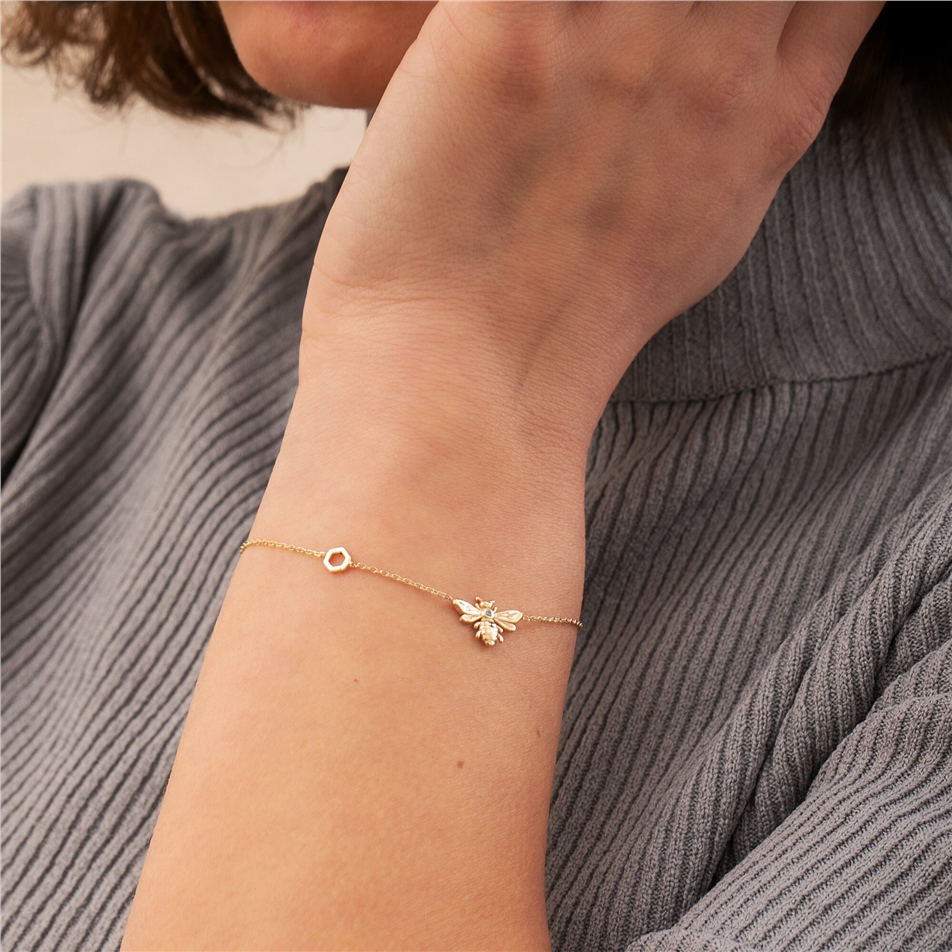 Solid Gold Birthstone Bee Honeycomb Bracelet