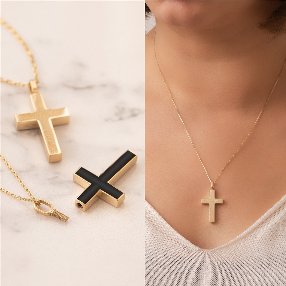 Solid Gold 2 Sided Enamel Cross Urn Neckalce