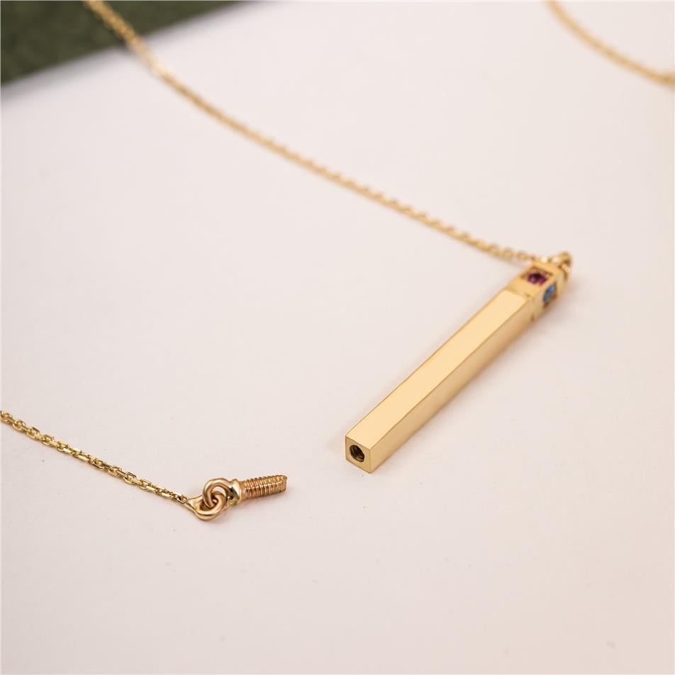 Solid Gold Engraved Urn Bar Necklace