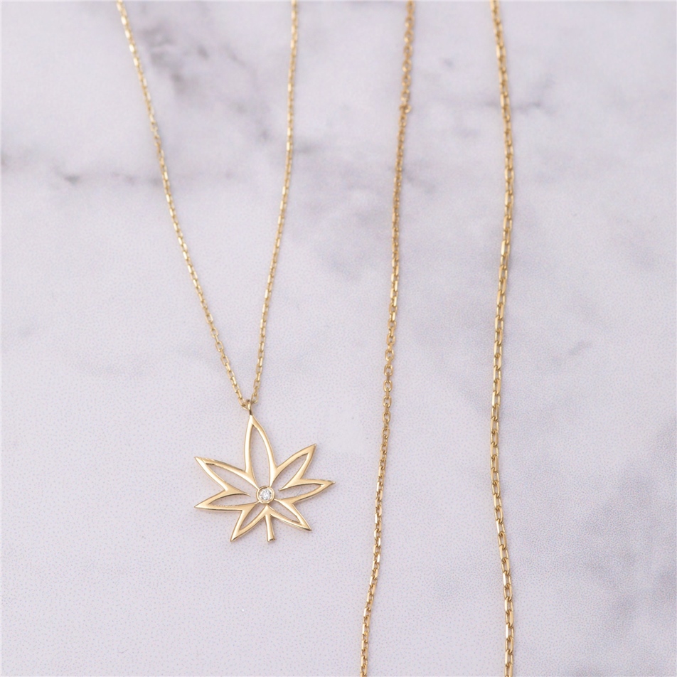 Solid Gold Diamond Cannabis Necklace